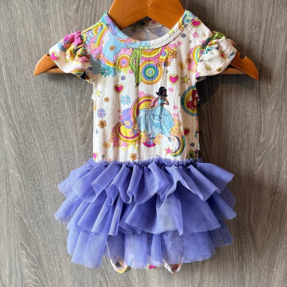 Posh Peanut x Barbie Bamboo Tutu Bodysuit Baby 3-6M Purple Retro Rainbow Ruffle